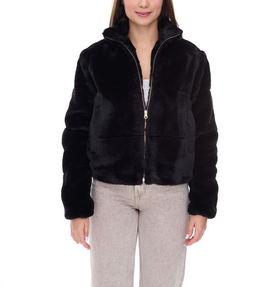 vestino Women's Faux Fur Jacket with Zipper and Stand-Up Collar Spring Jacket 900710 Black