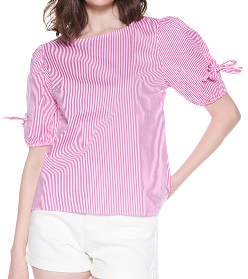 Sequano Women's Blouse-Shirt, T-Shirt, Short-Sleeved Blouse with Bow, Summer Shirt 900378 White/Fuchsia