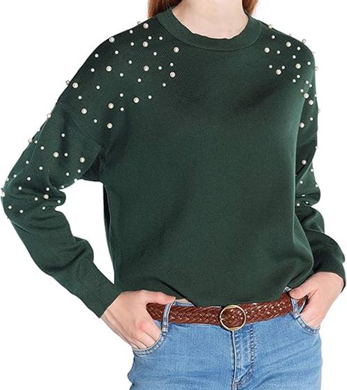 Vestino Women's Short Knit Sweater with Cotton Content, Cropped Sweater with Pearls, Summer Sweater 901148 Green