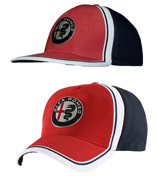 ALFA ROMEO Base-Cap für Damen oder Herren mit Logo-auf der Front Baumwoll-Cap AFRCP Dunkelblau/Rot/Weiß mit gradem oder gebogenem Schirm