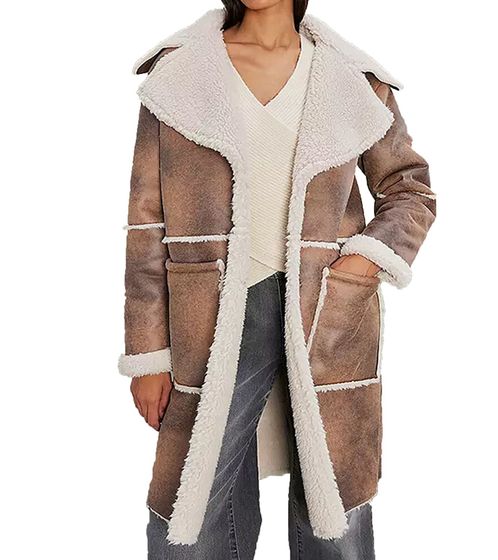 Women's Faux Leather Coat with Teddy Fur Collar, Faux Lambskin Jacket, Autumn Parka 922024 Brown