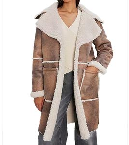 Damen Lederimitat-Mantel mit Teddyfell Kragen Kunstlammfell-Jacke Herbst-Parka 922024 Braun