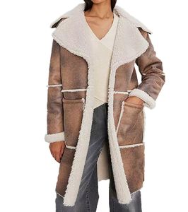 Women's Faux Leather Coat with Teddy Fur Collar, Faux Lambskin Jacket, Autumn Parka 922024 Brown