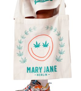 MARY JANE BERLIN Bag Einkaufs-Tasche aus Baumwolle Stoff-Beutel mit Smiley Print 2406-4-BG-02 Weiß