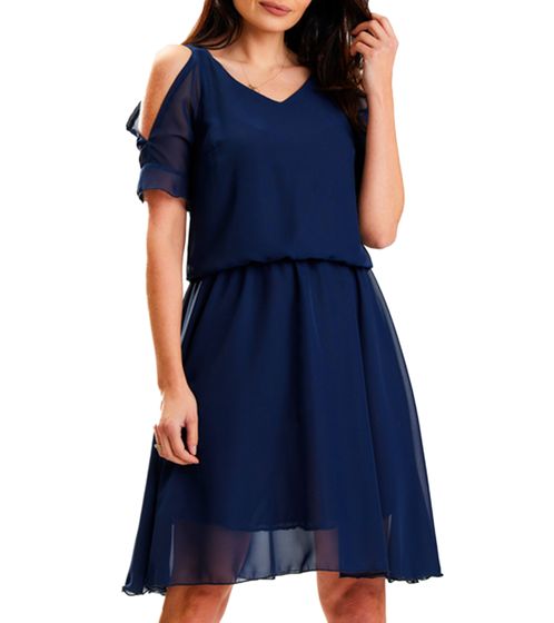 AWAMA Damen Midi-Kleid mit elastischer Taille Chiffonkleid Frühlings-Kleid A572 Dunkelblau