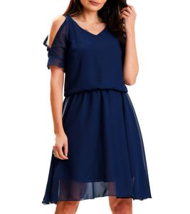 AWAMA Women's Midi Dress with Elastic Waist, Chiffon Dress, Spring Dress A572, Dark Blue
