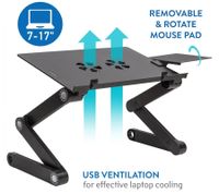 WonderWorker Einstein Laptop Table, Height-Adjustable Tablet Table, Foldable Laptop Stand with 2 USB Fans, Bedside Table with Mouse Tray, 42 x 27 cm (7-17"), 80173 Black