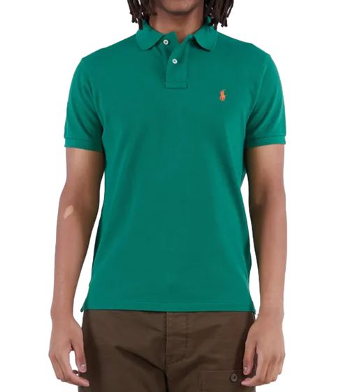 POLO RALPH LAUREN Herren Polo-Shirt Custom Slim Fit Baumwoll-Shirt Kurzarm-Shirt Basic-Shirt 710937293015 Grün/Orange
