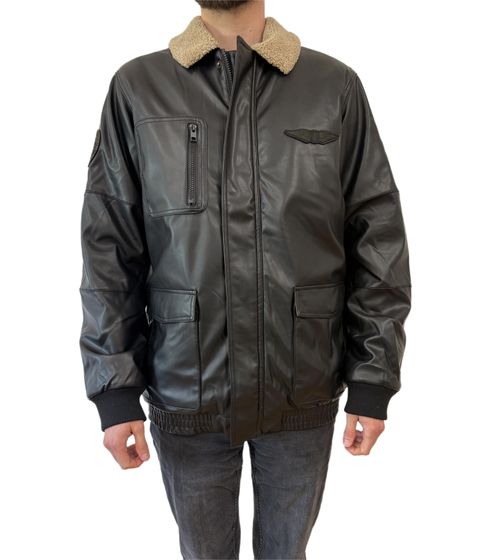 Herren Piloten-Jacke aus Lederimitat stylische Outdoor-Jacke mit Teddykragen 950871 Schwarz