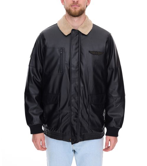 Herren Piloten-Jacke aus Lederimitat stylische Outdoor-Jacke mit Teddykragen 950871 Schwarz
