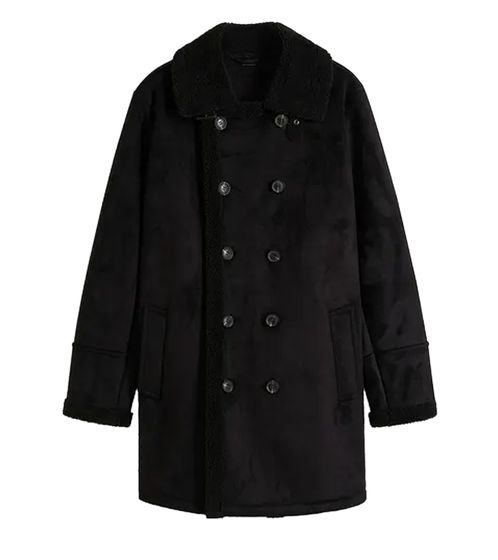 Damen Mantel mit Teddyfell Kragen Kunstlammfell-Jacke Herbst-Parka 939077 Schwarz