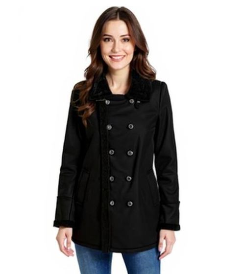 Damen Mantel mit Teddyfell Kragen Kunstlammfell-Jacke Herbst-Parka 939077 Schwarz