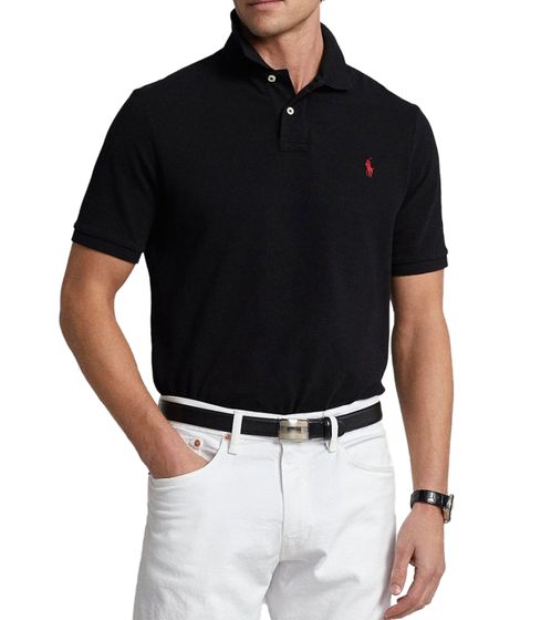 POLO RALPH LAUREN Herren Polo-Shirt Custom Slim Fit Baumwoll-Shirt Kurzarm-Shirt Basic-Shirt 710782592001 Schwarz/Rot