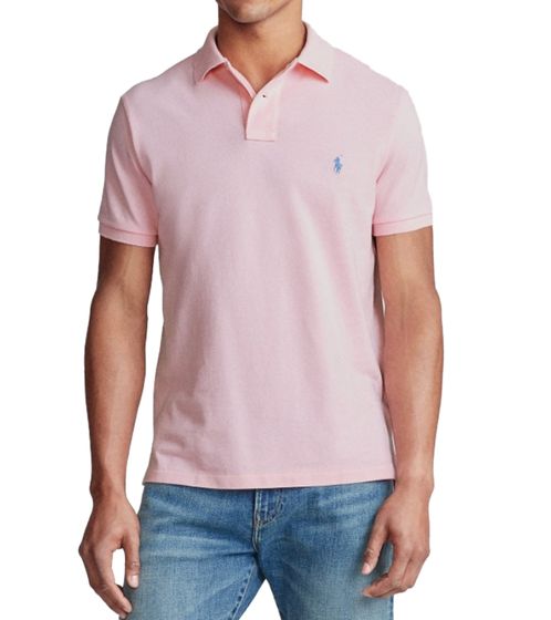 POLO RALPH LAUREN Herren Polo-Shirt Custom Slim Fit Baumwoll-Shirt Kurzarm-Shirt Basic-Shirt 710782592033 Rosa/Blau