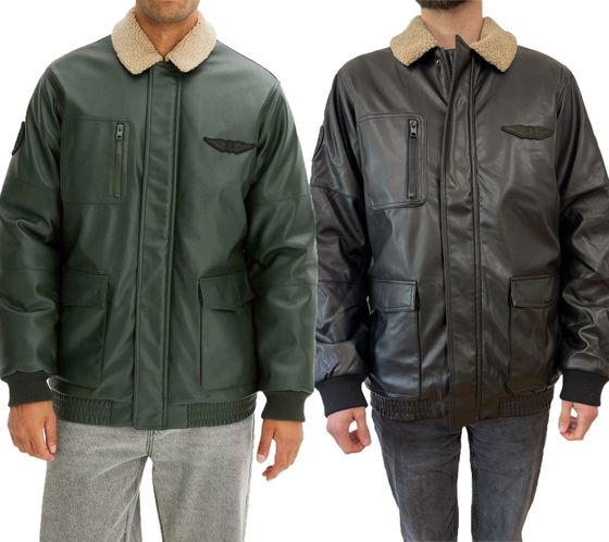 Men's faux leather pilot jacket, stylish outdoor jacket with teddy collar, olive green or black