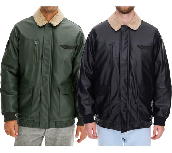 Herren Piloten-Jacke aus Lederimitat stylische Outdoor-Jacke mit Teddykragen Olivgrün oder Schwarz