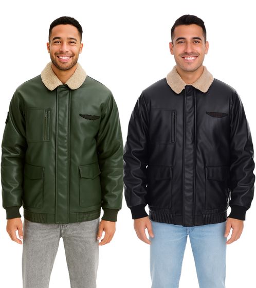 Herren Piloten-Jacke aus Lederimitat stylische Outdoor-Jacke mit Teddykragen Olivgrün oder Schwarz