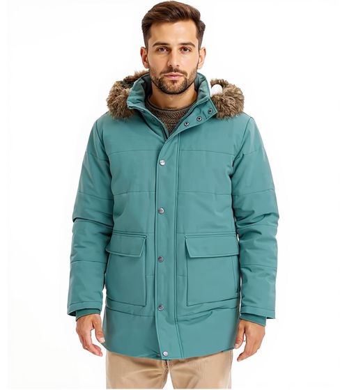 Men's Functional Jacket with Fur Hood, Sustainable Quilted Parka, Outdoor Jacket with Detachable Hood, 948068 Gray-Green