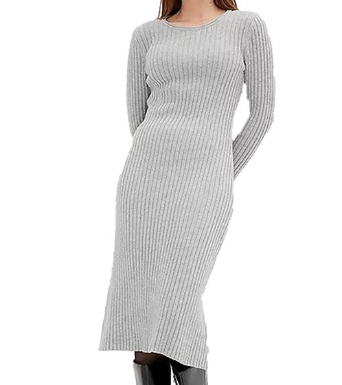 weiches Damen Midi-Kleid Basic-Kleid im Strick-Stil Langarm-Kleid 971307 Grau