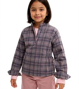 Blusa infantil de franela para niña, camisa de algodón con cintura fruncida y cierre de botones 930775 gris/rosa Blusa infantil de franela para niña, camisa de algodón con cintura fruncida y cierre de botones 930775 gris/rosa