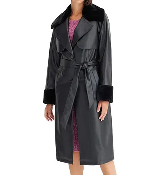 Women's Coat with Faux Fur Collar, Faux Leather Jacket with Belt, 957801 Black