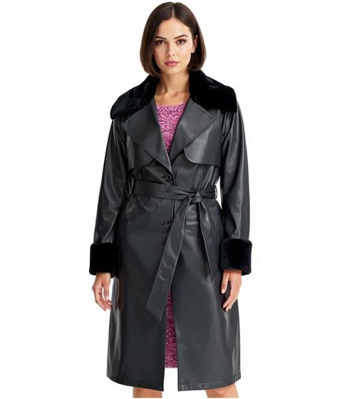 Women's Coat with Faux Fur Collar, Faux Leather Jacket with Belt, 957801 Black