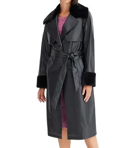 Women's Coat with Faux Fur Collar, Faux Leather Jacket with Belt, 957801 Black