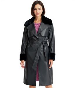 Cappotto da donna con collo in pelliccia sintetica, giacca in pelle sintetica con cintura 957801 Nero Cappotto da donna con collo in pelliccia sintetica, giacca in pelle sintetica con cintura 957801 Nero