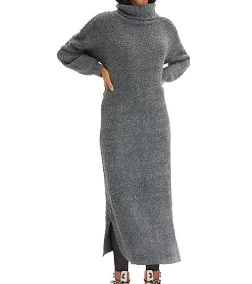 weiches Damen Midi-Kleid Basic-Kleid aus Boucle-Garn Langarm-Kleid 935820 Größe Größen Grau