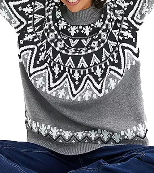 Damen Norweger-Pullover weit geschnittener Pullover mit Stehkragen 937915 Grau/Schwarz/Weiß