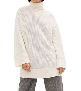 Maglione dolcevita da donna con spacchi laterali, maglia oversize 965990, bianco crema