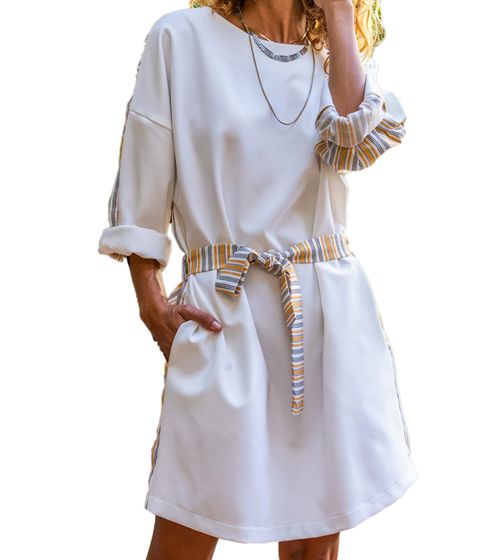 güneskizi Women's Summer Dress with Belt at Front and Back, Long-Sleeved Dress BST3313 White