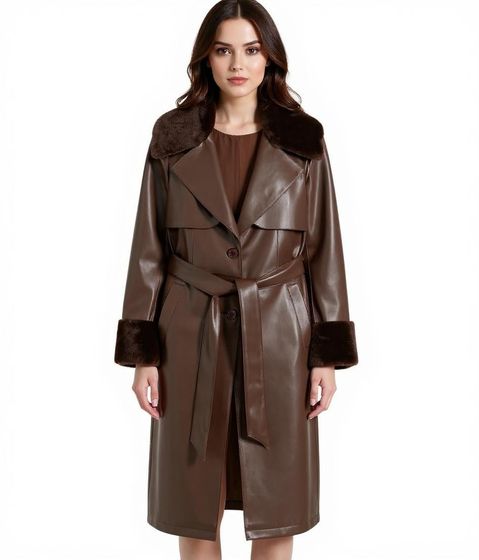Women's faux leather coat with teddy fur collar, faux lambskin jacket, spring coat 914589 brown