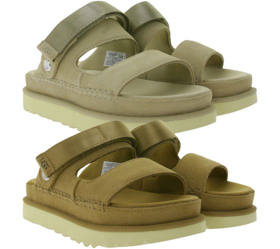 UGG Australia Goldenstar Slide Damen nachhaltige Echtleder-Schuhe mit EVA-Sohle Plateau-Sandale Sandalette mit Klettverschluss 1167399 in Beige oder Braun