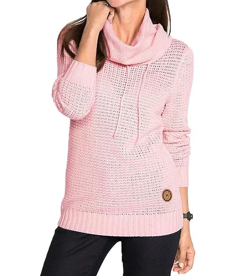 Damen Strick-Pullover mit Rollkragen und Kordelzug im Zopfmuster Baumwoll-Pullover Freizeit-Sweater 962955 Rosa