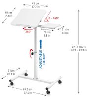 Tavolo per laptop Tatkraft regolabile in altezza, tavolo da lavoro con vassoio per mouse, tavolo da letto, 45x40cm, 15708, bianco