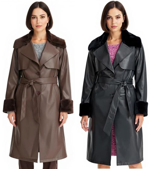Women's Faux Leather Coat with Teddy Fur Collar, Faux Lambskin Jacket, Spring Coat 914589 Brown or 957801 Black