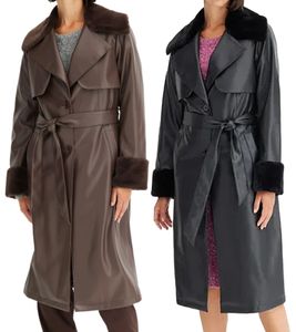 Women's Faux Leather Coat with Teddy Fur Collar, Faux Lambskin Jacket, Spring Coat 914589 Brown or 957801 Black