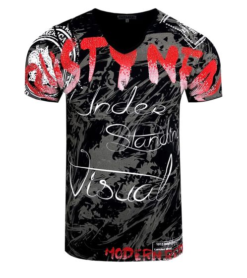 Men's T-Shirt with Elaborate Rhinestone Design, Cotton T-Shirt, Crew Neck, R-15162, Black/Red