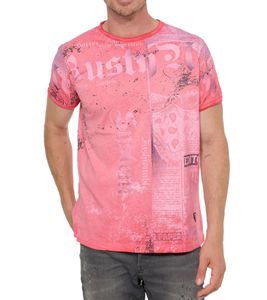Herren T-Shirt mit Allover-Print im Used-Look Baumwoll-Shirt Rundhals-Shirt R-15295 Coral