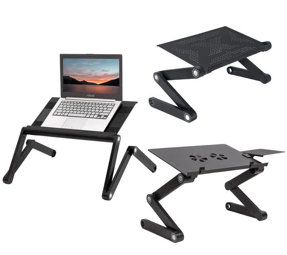 WonderWorker Laptop Desk, Height-Adjustable Tablet Desk, Foldable Laptop Stand, Bed Desk with or without 2 USB Fans, 42x27cm / 45x28.5cm (7-17"), Black