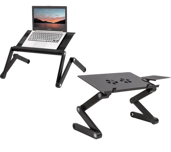 WonderWorker Laptop Desk, Height-Adjustable Tablet Desk, Foldable Laptop Stand, Bed Desk with or without 2 USB Fans, 42x27cm / 45x28.5cm (7-17"), Black