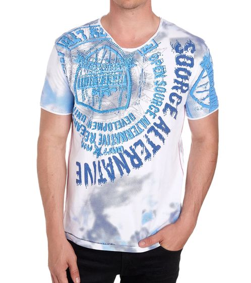 Men's T-Shirt with Rhinestone Print, Cotton Shirt, Stylish Short-Sleeved Shirt R-15163 White