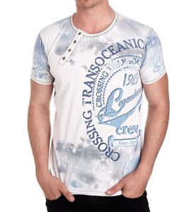 Men's T-Shirt with Large Front Print, Cotton T-Shirt, Crew Neck, Short Sleeve, R-15045 White/Blue