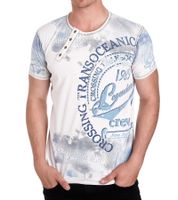 Herren T-Shirt mit großem Front-Print Baumwoll-Shirt Rundhals-Shirt Kurzarm-Shirt R-15045 Weiß/Blau