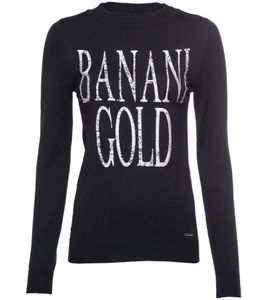 bruno banani Women's Round Neck Sweater with Large Front Print, Fine Knit Sweater, 67912760, Black