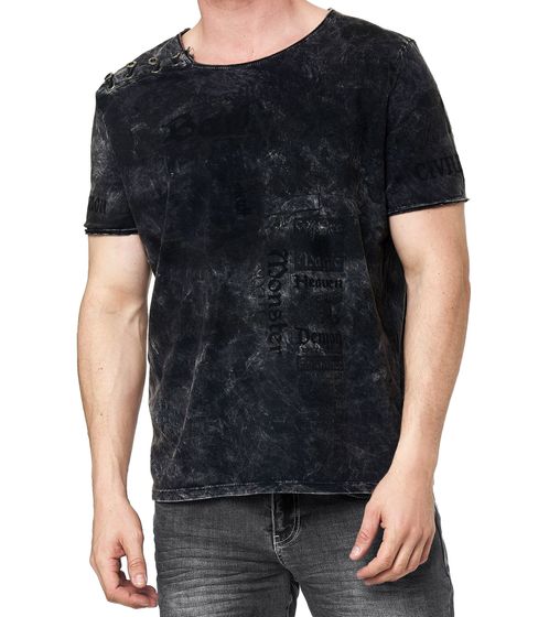 Men's T-Shirt in a Rock Design, Cotton T-Shirt with Toggle Closure at the Neck, Crew Neck Shirt R-15265 Anthracite