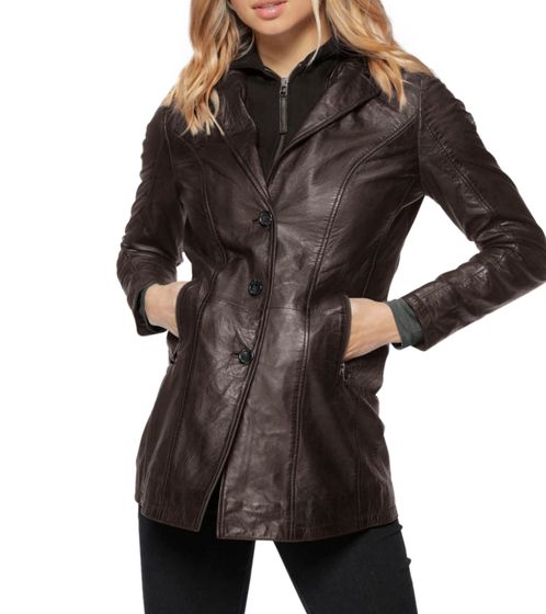Gipsy Women's Leather Jacket, Rock-Style Long Blazer with Removable Hood Insert, Biker Jacket 83652611 Dark Brown