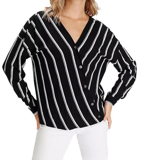 AjC Damen gestreifte Wickelbluse leichte Sommer-Bluse Freizeit-Bluse mit Knopfleiste 29937205 Schwarz/Weiß