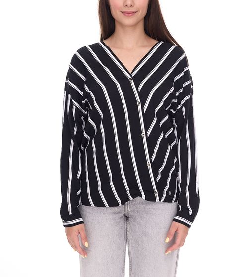 AjC Women's Striped Wrap Blouse, Lightweight Summer Blouse, Casual Blouse with Button Placket, 29937205 Black/White
